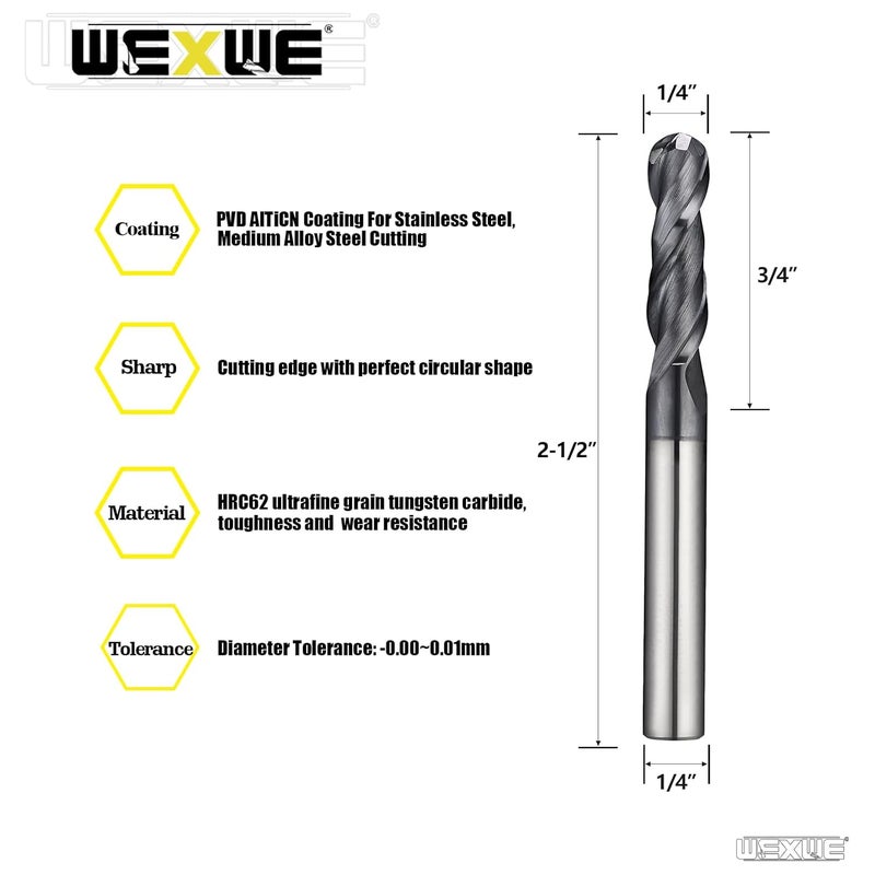WEXWE Store Tools Extra Long Ball Nose Carbide End Mill, TiAlCN Coating CNC Cutting Tools for Stainless Steel,Hardened Steels, Medium Alloy Steel, 2 Flute,1/4" Shank Lengthen Size (EXL（ .25） 1/4-3", 2pcs) - Image 2